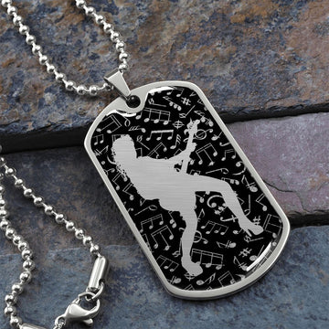 Dog Tag Necklace Black | Female Guitarist Cutout | Music Notes Cutout