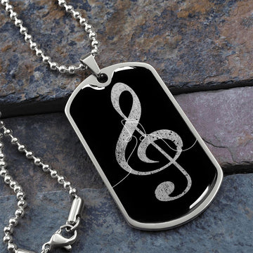 Dog Tag Necklace Black | G-clef Cutout | Music Notes | Distressed