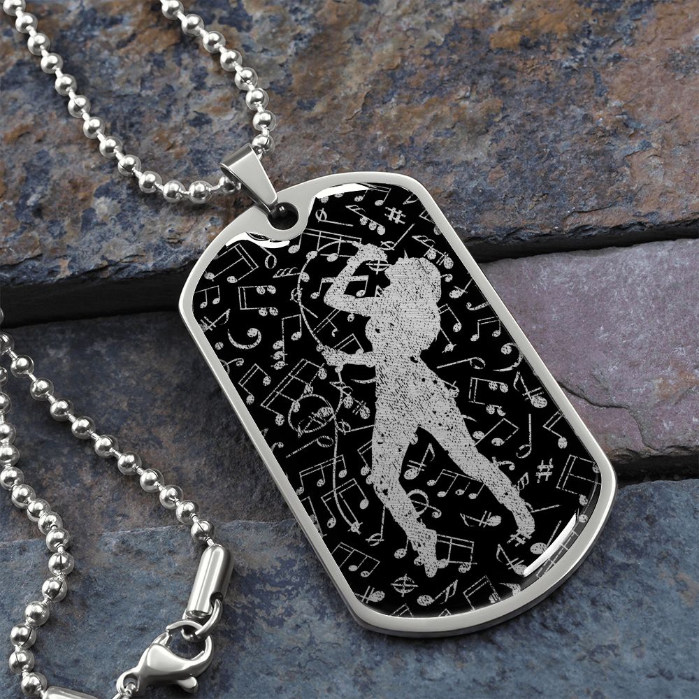 Dog Tag Necklace Black | Female Singer Cutout | Music Notes Cutout | Distressed