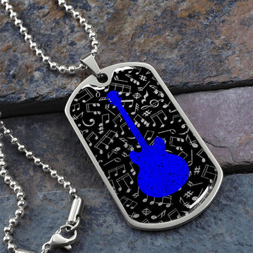Dog Tag Necklace Black | Music Pattern Cutout  | Blue Guitar