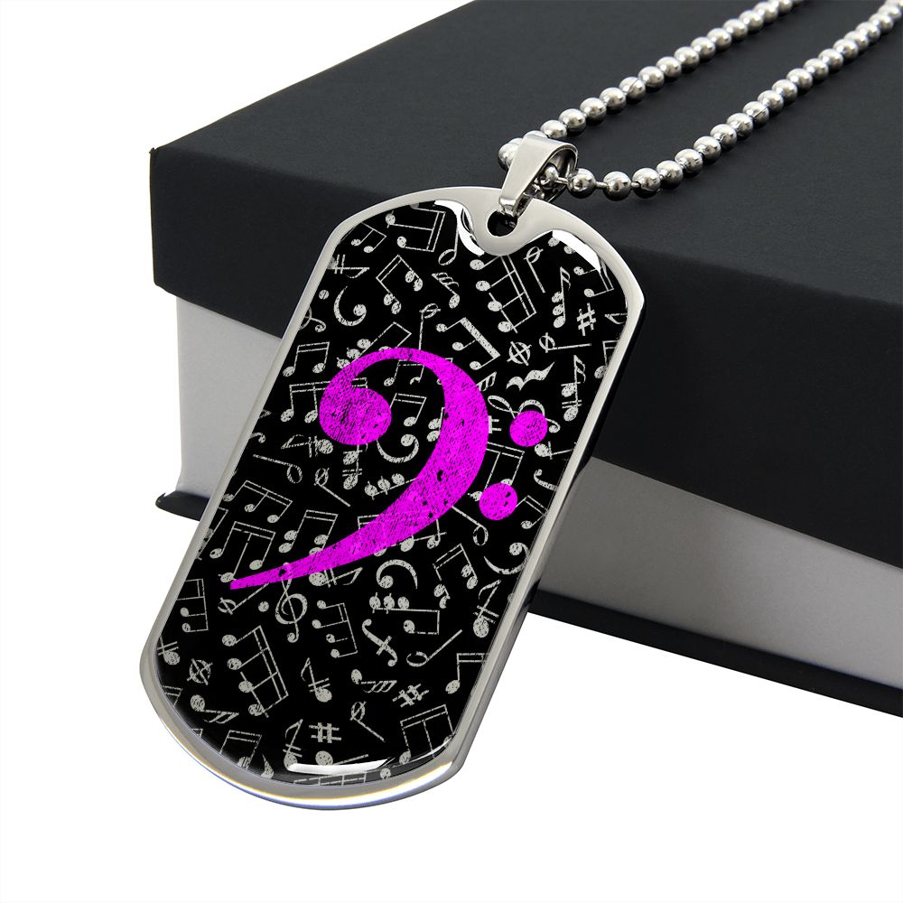 Dog Tag Necklace Black | Music Pattern Cutout  | Pink Bass Clef
