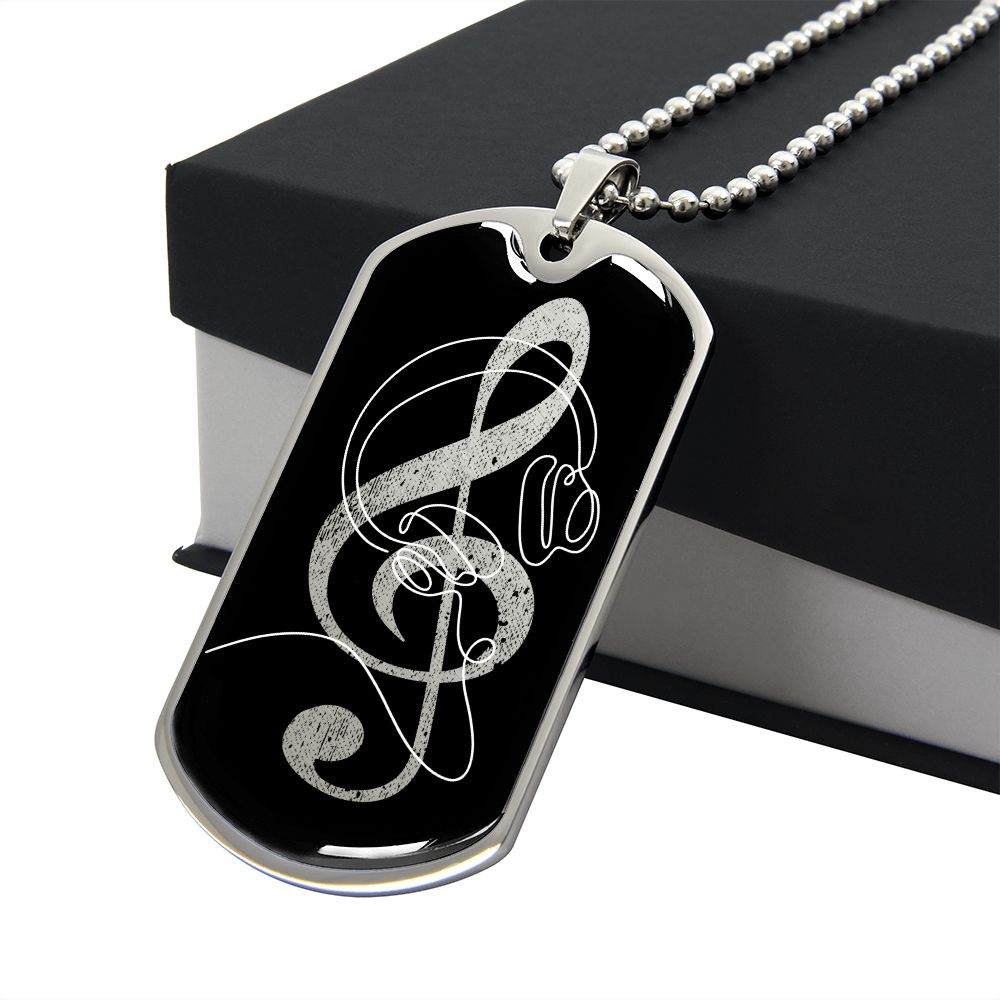 Dog Tag Necklace Black | G-clef Cutout | Headphones | Distressed