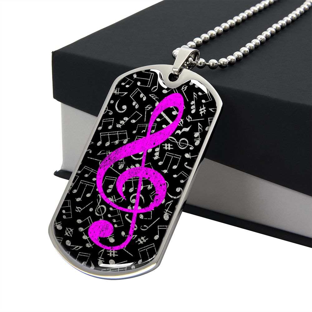 Dog Tag Necklace Black | Music Pattern Cutout  | Pink Clef