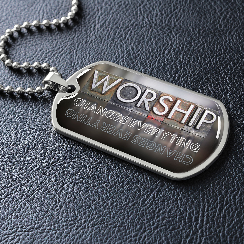 Worship Changes Everything military-style necklace with bold vertical worship typography dog tag pendant on black leather
