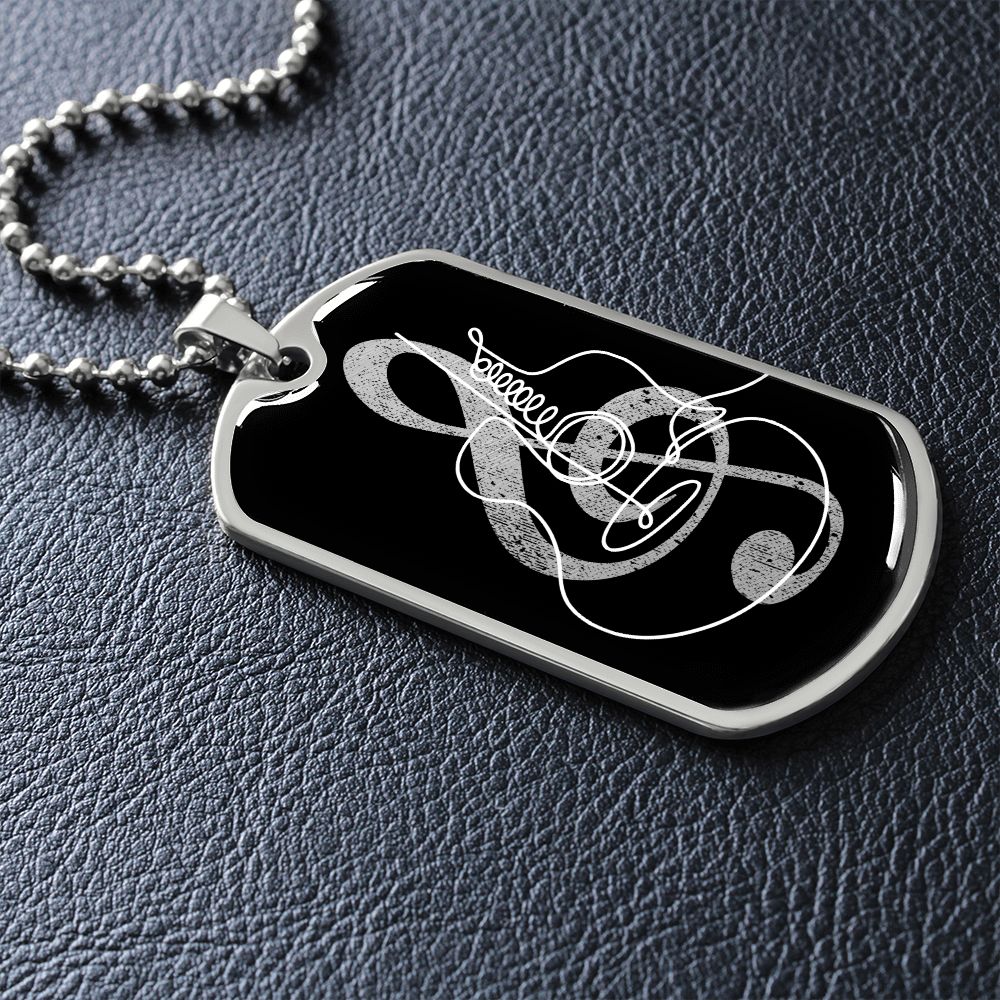 Dog Tag Necklace Black | G-clef Cutout | Guitar | Distressed