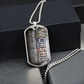 Worship military-style pendant necklace with bold vertical worship typography and “Worship Changes Everything” by a black gift box