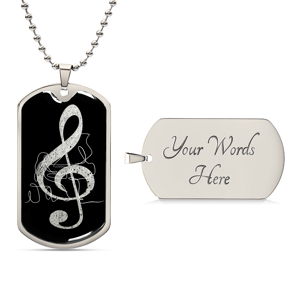 Dog Tag Necklace Black | G-clef Cutout | Grand Piano | Distressed