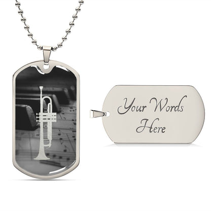Dog Tag Necklace | Trumpet Cutout Piano Sheet Music Greyscale