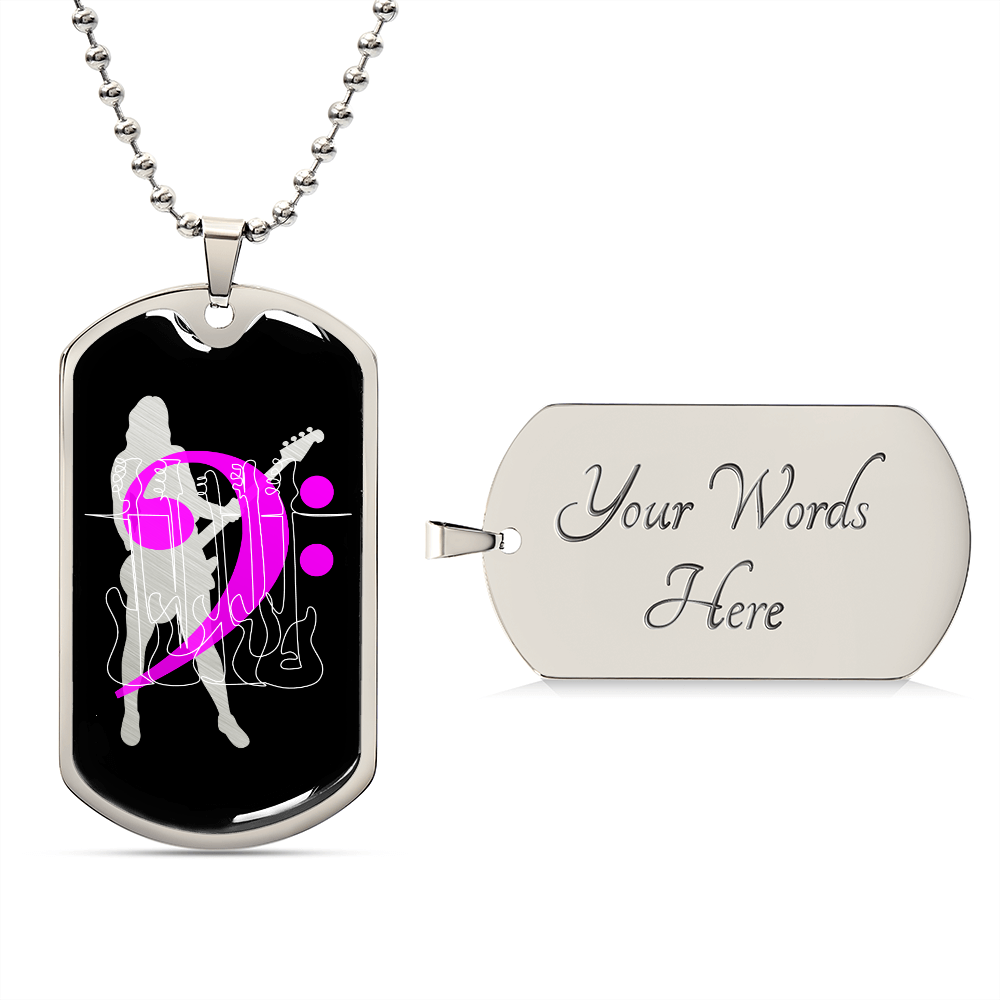 Dog Tag Necklace Black | Female Bassist Cutout | Bass Guitars | Pink Bass Clef