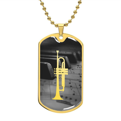 Dog Tag Necklace | Trumpet Cutout Piano Sheet Music Greyscale