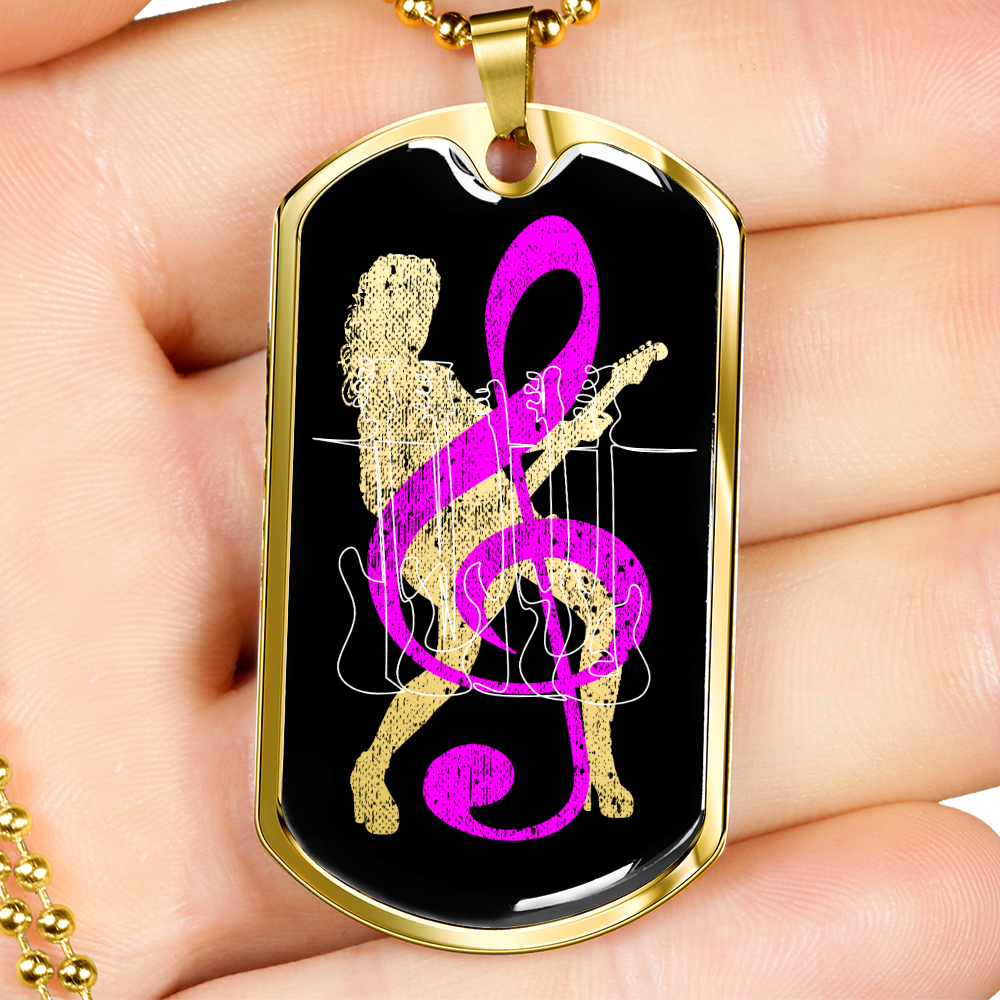 Dog Tag Necklace Black | Female Guitarist Cutout | Bass Guitars | Pink Clef