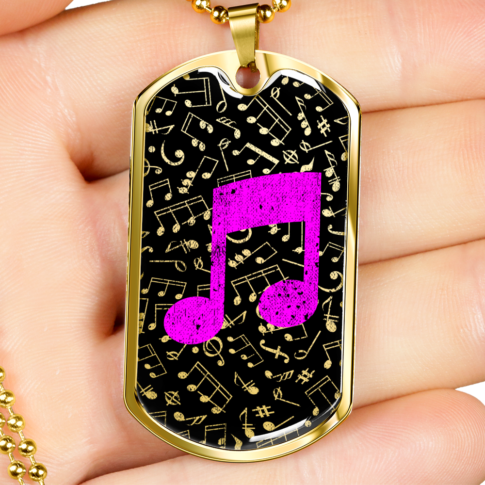 Dog Tag Necklace Black | Music Pattern Cutout  | Pink Notes