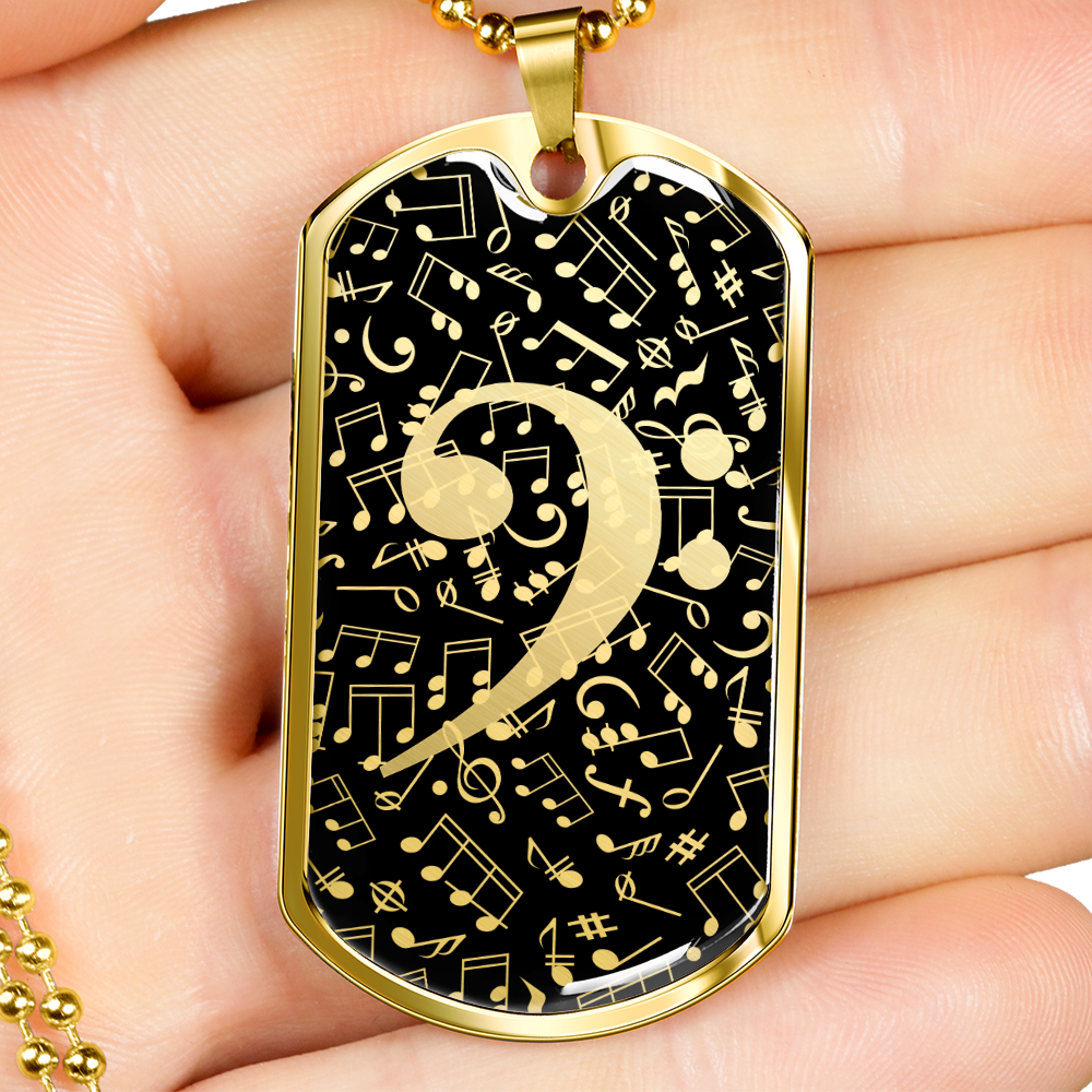 Dog Tag Necklace Black | Bass Clef Cutout | Music Notes
