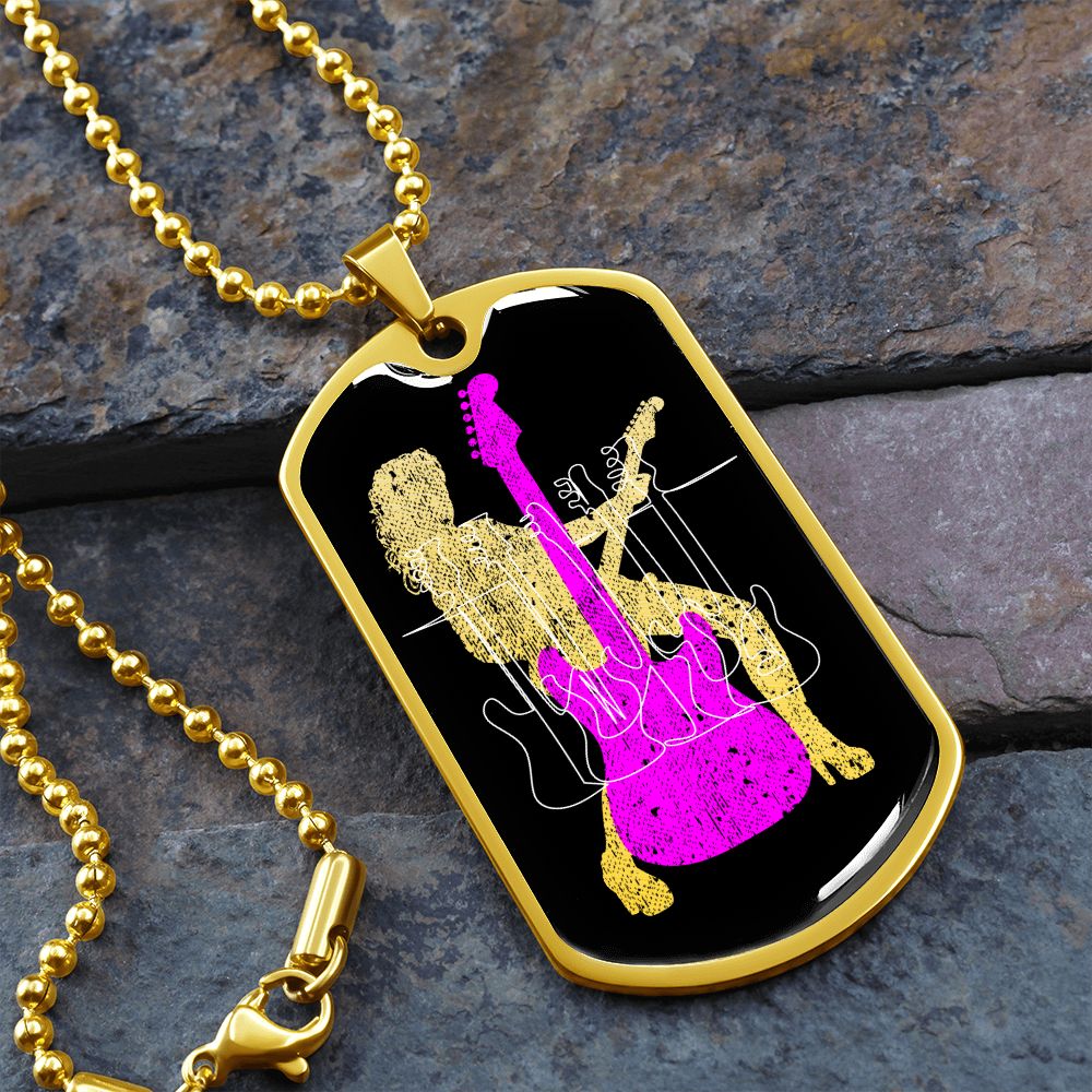 Dog Tag Necklace Black | Female Guitarist Cutout | Bass Guitars | Pink Electric Guitar