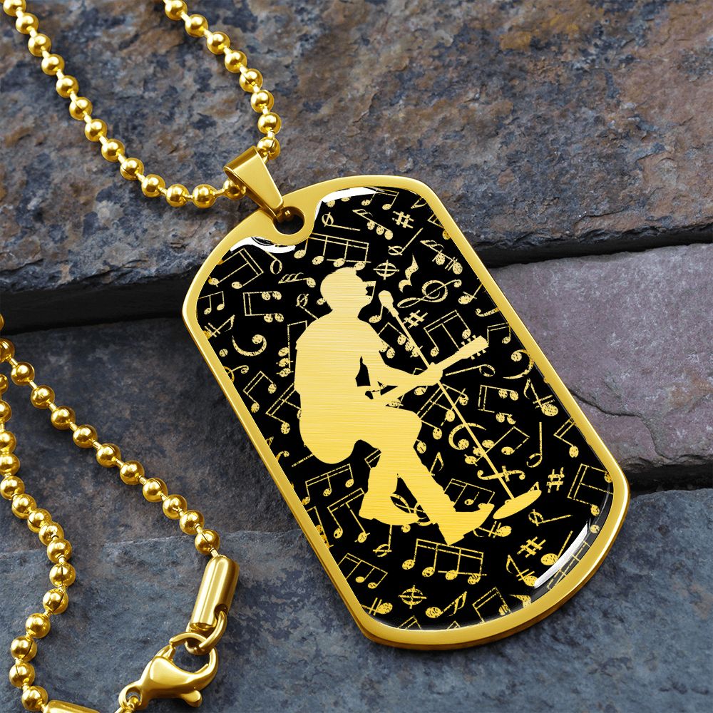 Dog Tag Necklace Black | Male Guitarist Cutout | Music Notes Cutout