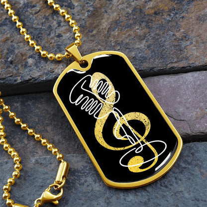 The Dog Tag Necklace Black features a G-clef cutout with a vintage mic design, set on a glossy black center—an ideal personalized gift for music lovers.