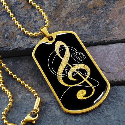 Dog Tag Necklace Black | G-clef Cutout | Headphones | Distressed