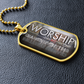 Worship Changes Everything Christian military-style necklace in gold finish with bold vertical worship typography on black leather