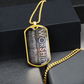 Gold military-style necklace with bold vertical worship typography, “Worship Changes Everything” dog tag pendant and black gift box