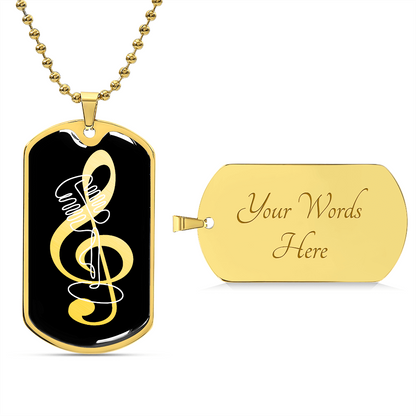 Dog Tag Necklace Black featuring a striking gold G-clef cutout and vintage mic design on the front, with the back of the tag ready to be engraved with "Your Words Here" in elegant script—a personalized dog tag necklace that makes an unforgettable gift.