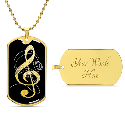 Dog Tag Necklace Black | G-clef Cutout | Headphones | Distressed
