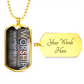 Silver and gold “Worship Changes Everything” dog tag pendants with bold vertical worship typography and custom back engraving example