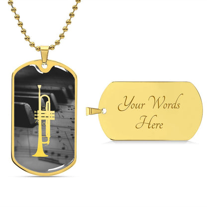 Dog Tag Necklace | Trumpet Cutout Piano Sheet Music Greyscale