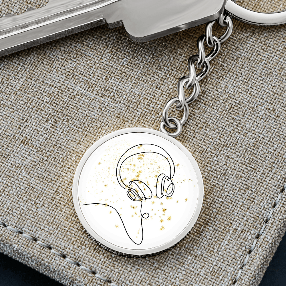 Head Phones Gold Stars | Circle Pendant Keychain | Gift for Music Lover