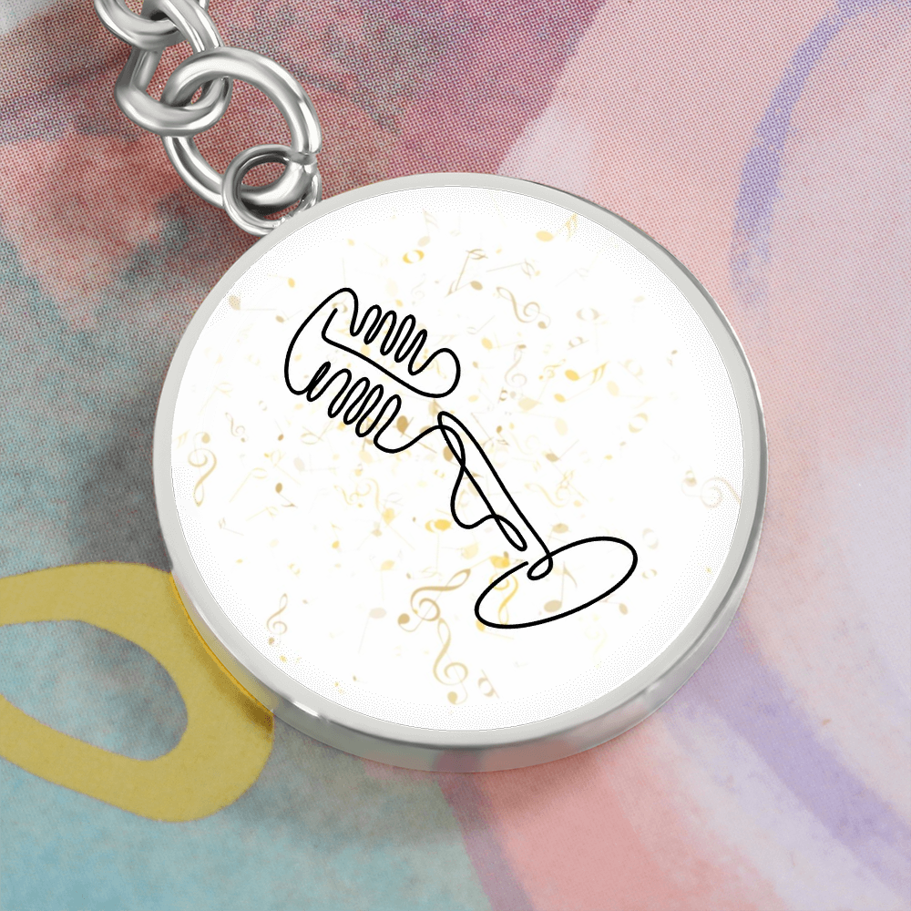 Vintage Microphone Music Notes | Circle Pendant Keychain | Gift for Singer