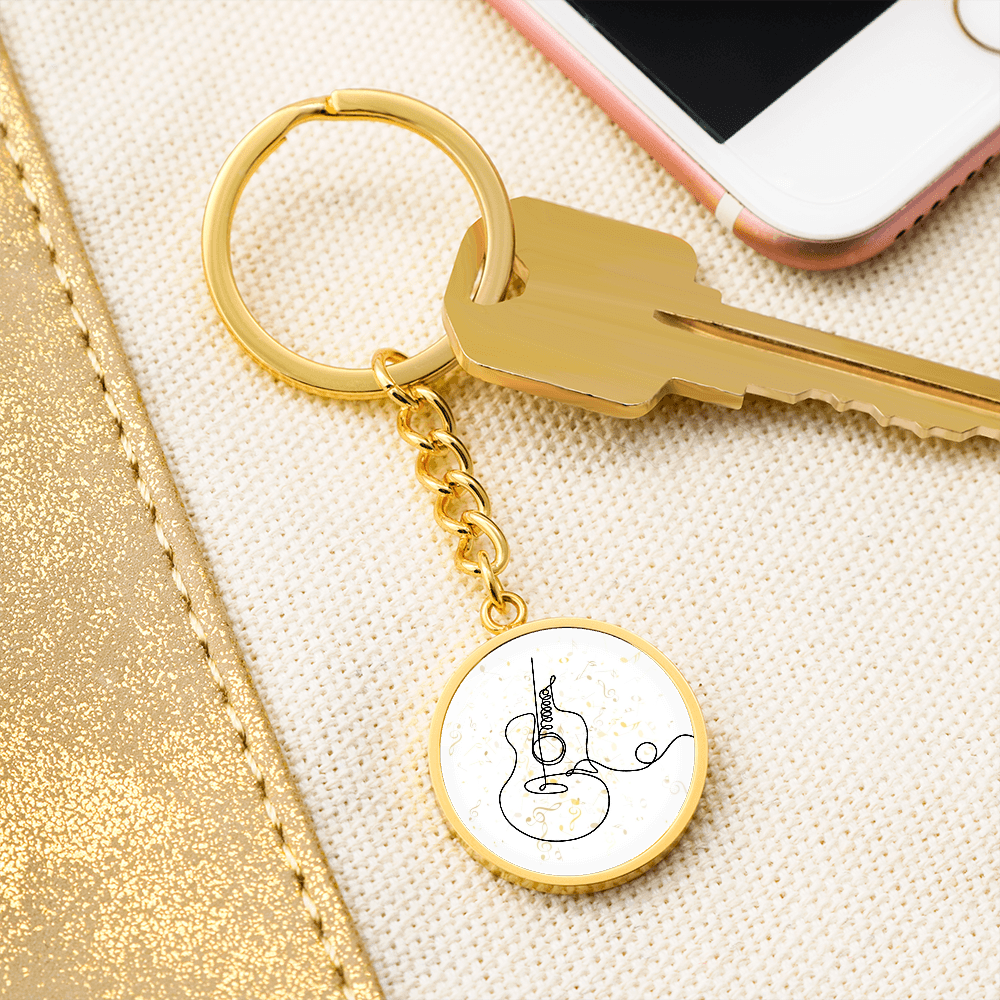 Acoustic Guitar Music Notes | Circle Pendant Keychain | Gift for Guitarist