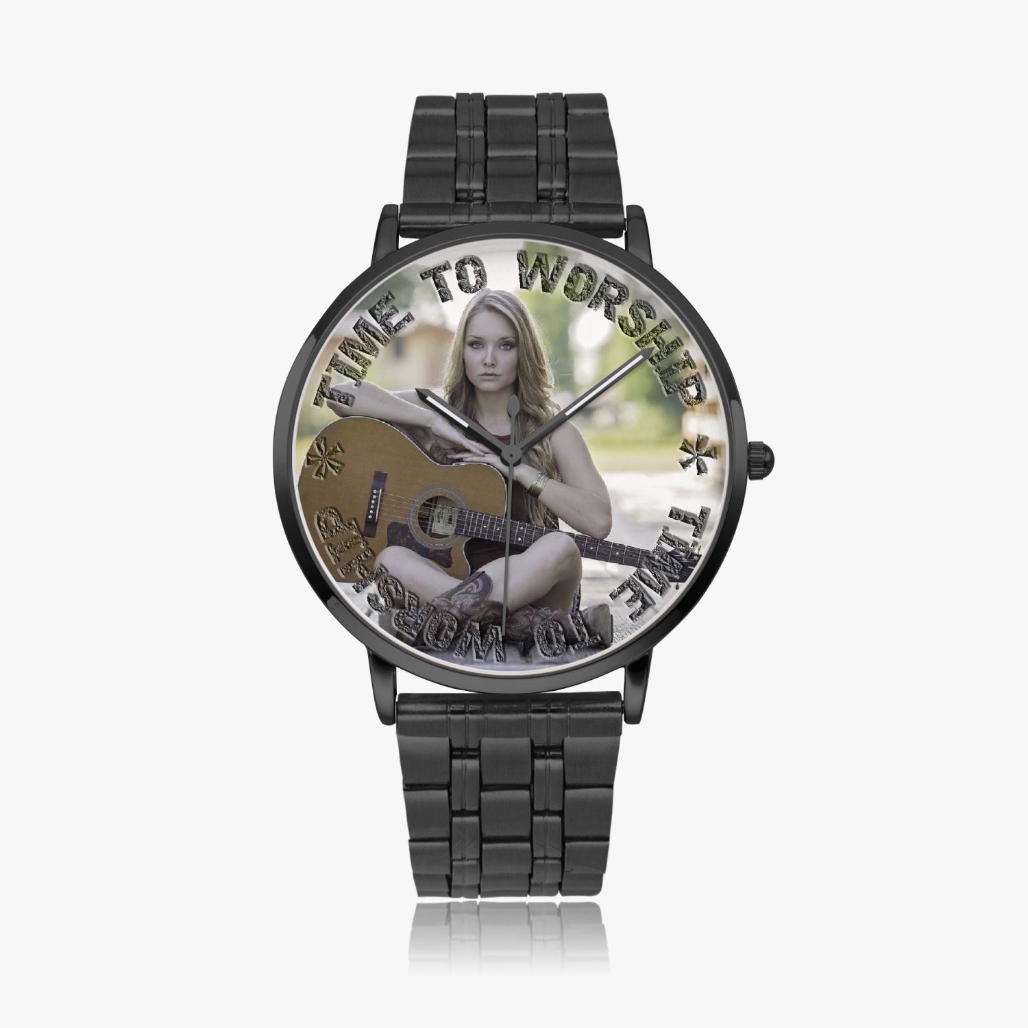 Time to Worship | Female Acoustic Guitarist | Steel Strap Quartz watch - Givtz Back